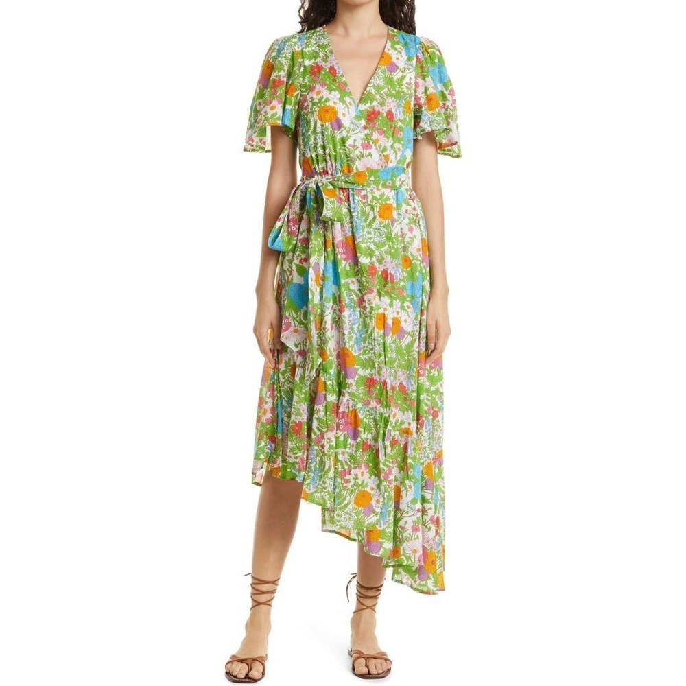 Mille Helena Asymmetric Floral Print Cotton Tie Waist V-Neck Midi Dress Size L